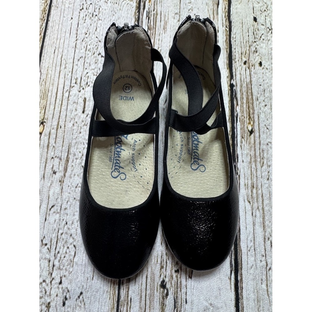 Footmates Girls Black Leather Shoes Flats Size 12 Wide Strappy Straps Zip Back